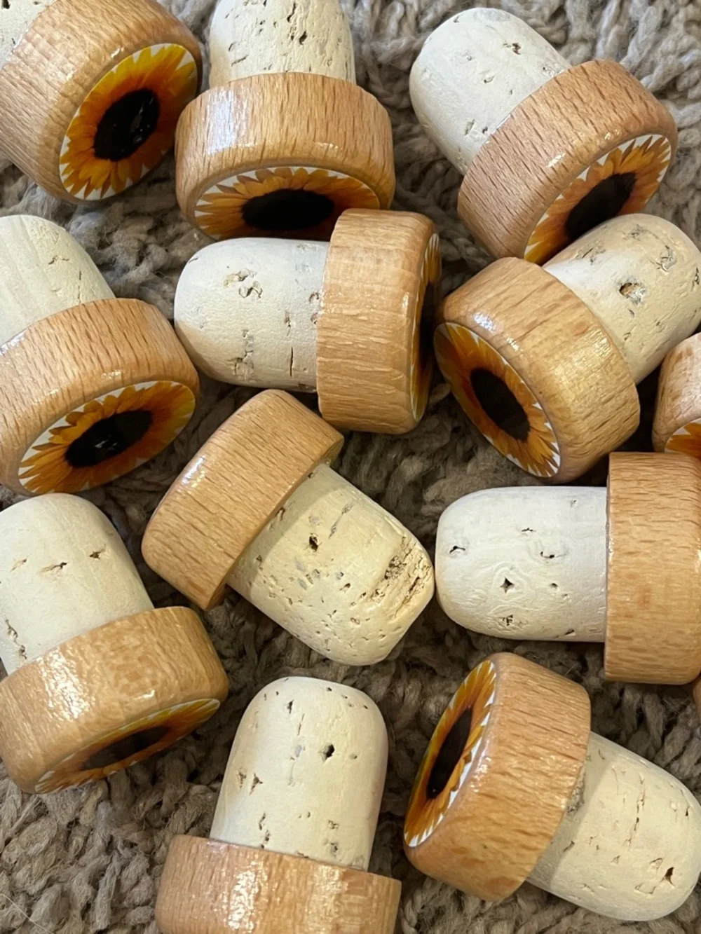 12 Sunflower Cork Bottle Stoppers - Natural Wood Finish